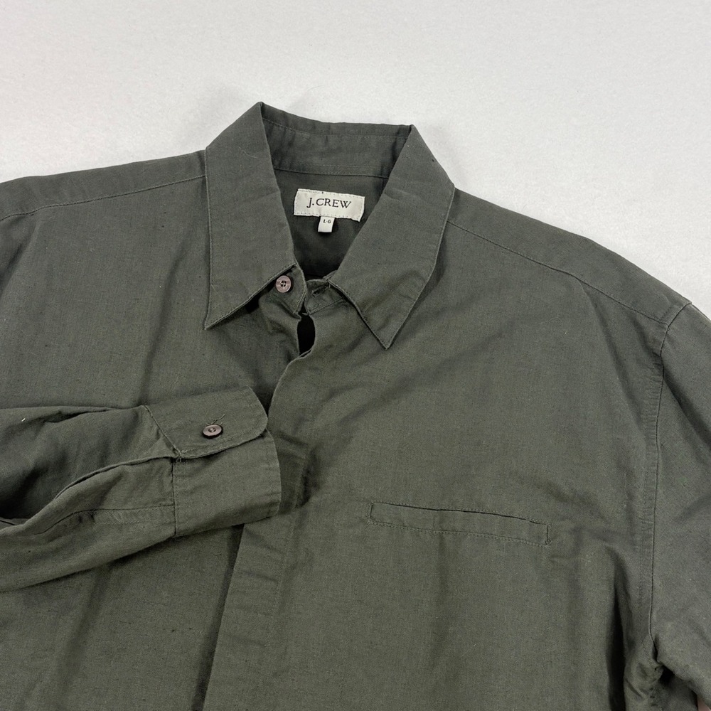 J.‎ Crew Button Down Shirt Mens L Olive Green Cabin Preppy Gorpcore Classic FLAW